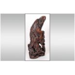 Chinese 19th Century Figural Root Wood Carving of The Deity Show. Carrying a Basket of Fruit,
