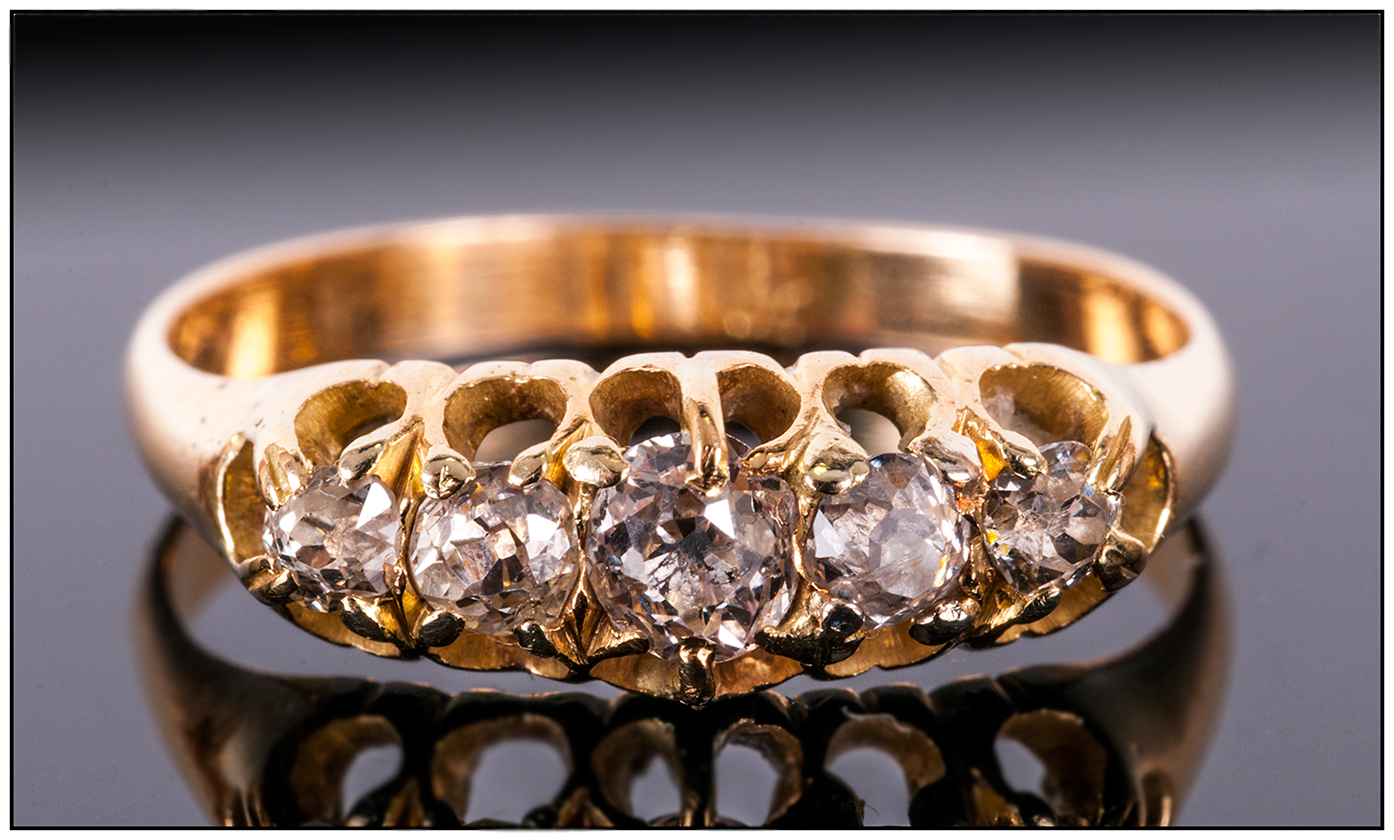 Antique 18ct Gold Set Five Stone Diamond Ring. The Cushion Cut Diamonds of Good Colour. Marked 18ct. - Image 4 of 4