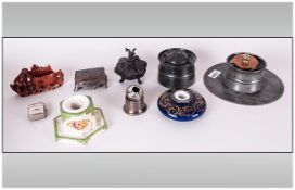 Nine Miscellaneous Inkwell Types various mediums, 2 decorated pottery, soapstone monkey, 2 pewter