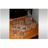 Cut Glass Decanter, with star cut base, together with 6 glass tumblers & 4 various brandy glasses.