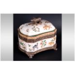 Animal Decorated Metal Bound Pottery Casket, the pottery decorated with polychrome, hand painted