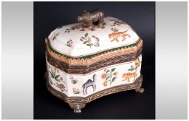 Animal Decorated Metal Bound Pottery Casket, the pottery decorated with polychrome, hand painted