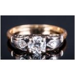 Ladies 18ct Gold and Platinum Single Stone - Brilliant Cut Diamond Ring, Mounted In Four White