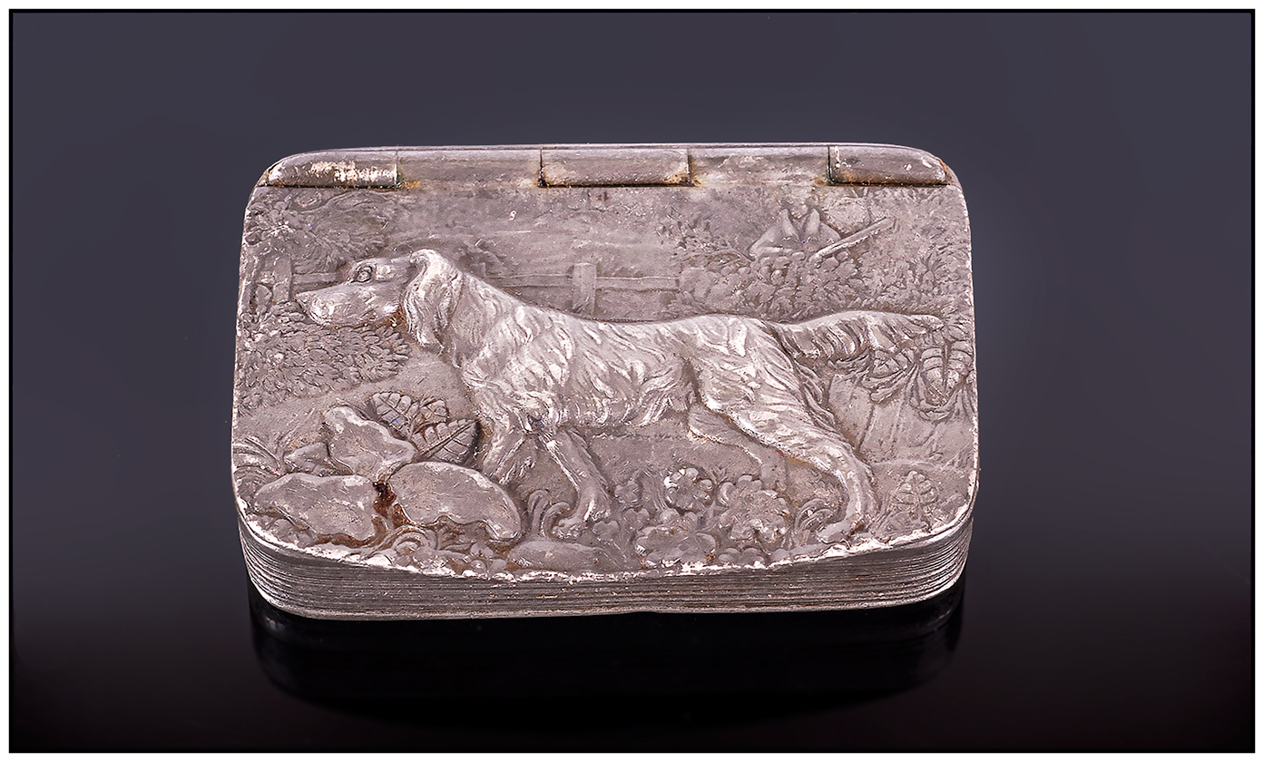 An English Pewter Snuff Box by Wilsons Co of Sharrow. No.L1456. The Hinged Lid, Embossed with a