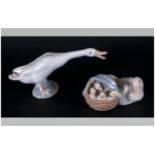 Lladro Bird Figures. 1/ Ducklings, Model Num.4895, Issued 1974. Height 2 Inches. 2/ Duck, Model