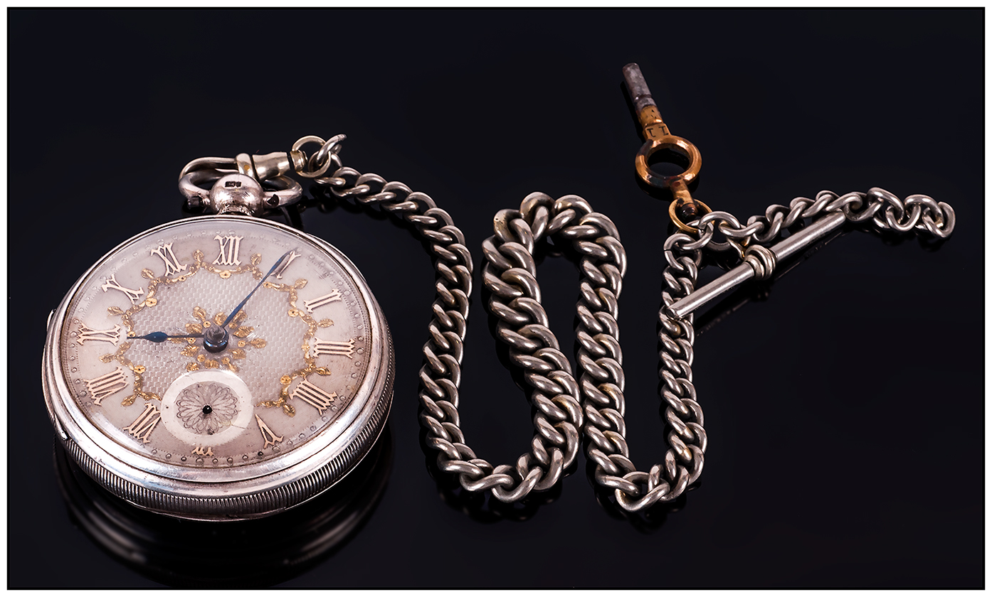 Victorian Large Silver - Fusee Open Faced Pocket Watch, with Ornate Silver and Gold Dial. Hallmark - Image 3 of 4