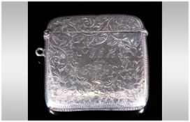 Edwardian Silver Hinged Vesta Case with Engraved Decoration. Hallmark Birmingham 1907. 2.25 x 2.25