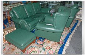 4 Piece Green Leather Suite Comprising Large 3 Seater Settee, 2 Chairs and 1 Footstool
