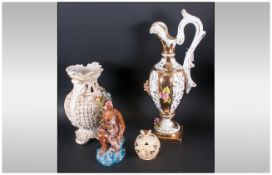 Collection Of Ceramics Including Large Capo De Monte Jug & Vase, Bumble Bee Two Handled Lidded Pot &