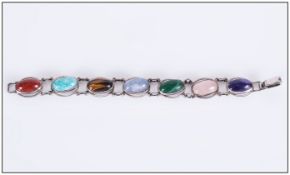 Silver Hardstone Set Bracelet, Marked OBLO To Clasp, Length 7 Inches