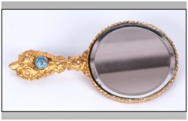 Mirella - Ornate Gold Plated Small Pocket Hand Mirror Inlaid with Turquoise and Seed Pearls. 4.75