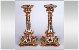 Royal Crown Derby Old Imari Pattern Fine Pair of Tall Castleton Candlesticks. Pattern Num.1128. Date