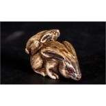 Japanese Finely Carved 19th Century Signed Ivory Netsuke, In The Form of a ' Hare and Baby ' In a