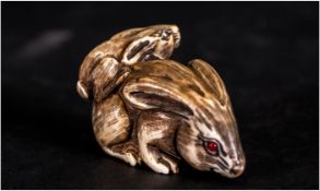 Japanese Finely Carved 19th Century Signed Ivory Netsuke, In The Form of a ' Hare and Baby ' In a