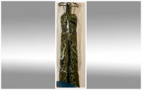 Bernshaw Evening Dress. Green/Gold/Black Print with crystal detalil and matching shawl. Size 12