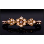 Victorian 15ct Gold Set Seed Pearl Brooch with a diamond to the centre. Marked 15ct. Excellent