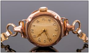 Art Deco 9ct Gold Case Ladies Mechanical Wrist Watch. Fitted to a Gold Plated Bracelet. Champagne