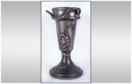 Arts and Crafts Round Head English Pewter Planished 3 Handled Vase. c.1905. Stands 10 Inches High.