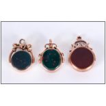 Edward VII 9ct Gold Cornelian and Agate Set Fobs ( 3 ) In Total. All Fully Hallmarked and In Good