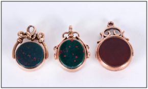 Edward VII 9ct Gold Cornelian and Agate Set Fobs ( 3 ) In Total. All Fully Hallmarked and In Good