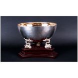 Boodle & Dunthorne Finest Quality Planished Silver Bowl supported & raised on 3 Dolphin figures/