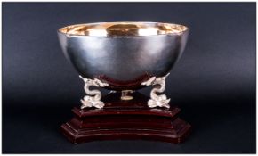 Boodle & Dunthorne Finest Quality Planished Silver Bowl supported & raised on 3 Dolphin figures/