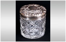 Edwardian Embossed Silver Topped Cut Glass Ladies Trinket Jar. Hallmark Birmingham 1902. Height 2.