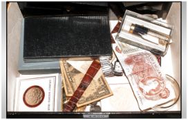 Misc Lot Of Collectables, Comprising Odd Banknotes, Platignum Pen Set, Compacts etc