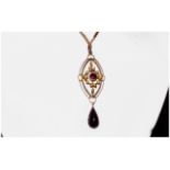 Victorian Very Fine Garnet and Seed Pearl Set, Openwork Tear Drop Pendant. Fitted to a Good Small
