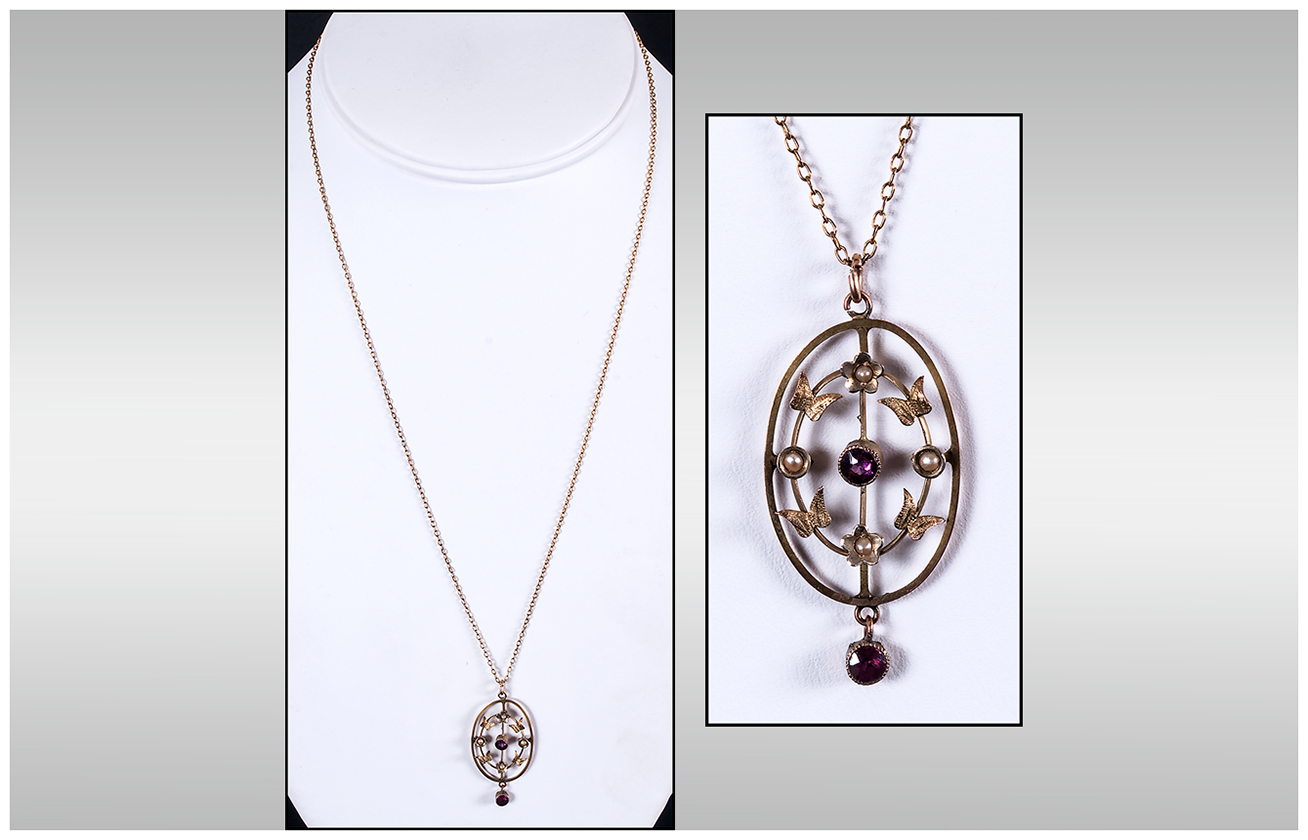 Victorian 9ct Gold Set Amethyst and Seed Pearl Pendant Drop, Fitted on a 9ct Gold Chain. - Image 3 of 4