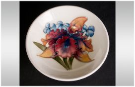 Moorcroft Small Footed Dish ' Orchids ' Design on Cream Ground. 4.25 Inches In Diameter. Light