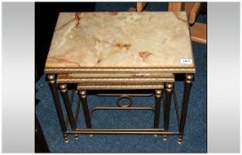 Set of Three Onyx Topped, Brass Framed Coffee Tables of Rectangular Shaped, The Brass Frame with