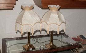 Pair Of Brass Column Lamps, in the traditional style, with matching silk shades in the oriental