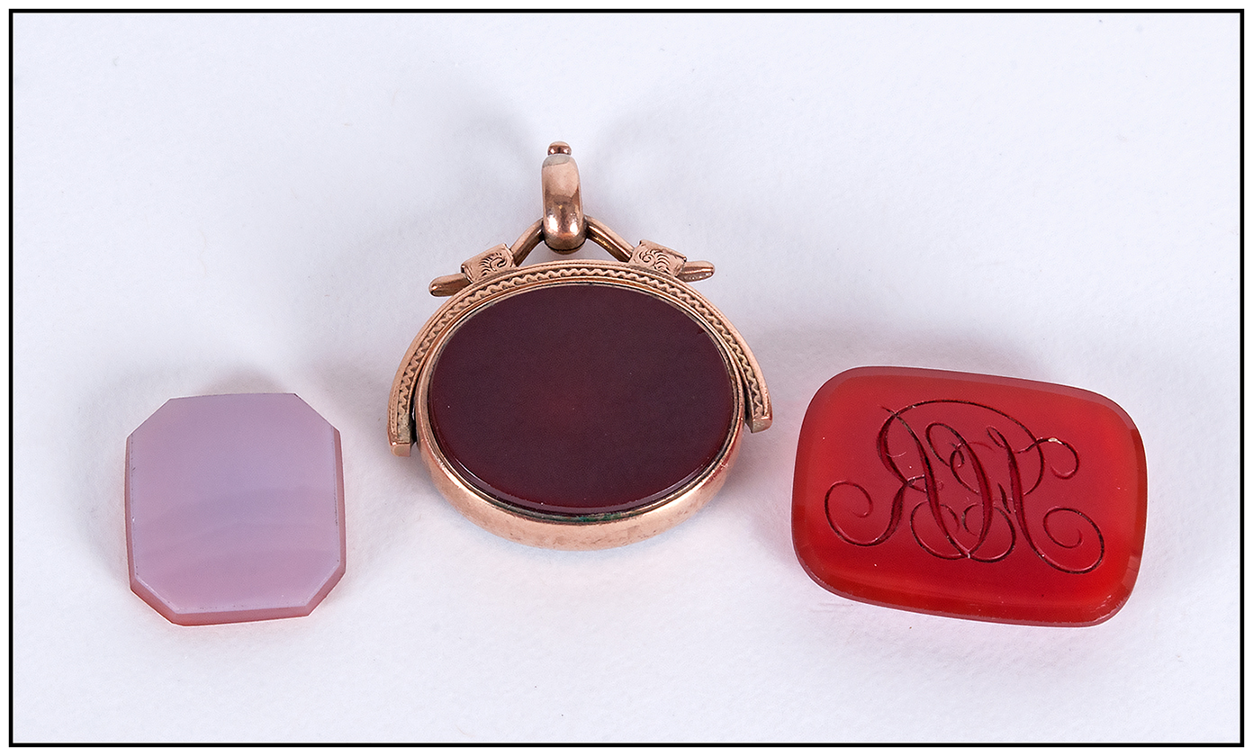 Victorian 9ct Gold Cornelian and Agate Set Swivel Fob. Fully Hallmarked, 10 grams + Two Unmounted - Image 3 of 3