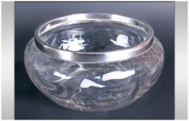 George V Silver Rimmed - Blown Glass Bowl. Hallmark Birmingham 1914. 4 Inches High, 7 Inches