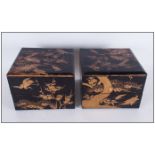Pair of Japanese Lacquered Square Food Containers in two sections with lids. With red lacquered