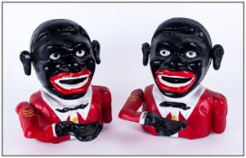 Two Black Boy Novelty Hand Painted Metal Mechanical Money Boxes. Each 5.5 Inches High and Fully