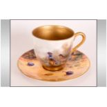Royal Worcester Hand Painted Miniature Cup & Saucer, Pheasant Cup Signed James Stanton, 2'' in