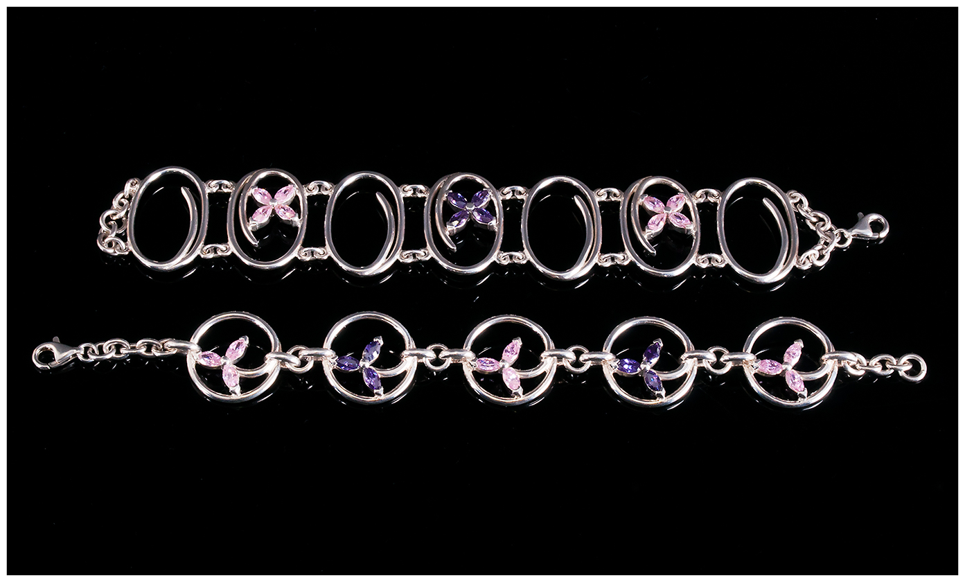 A Pair Of Modern Good Quality Silver Coloured Crystal Set Bracelets. Fully hallmarked. 7'' in - Image 2 of 2