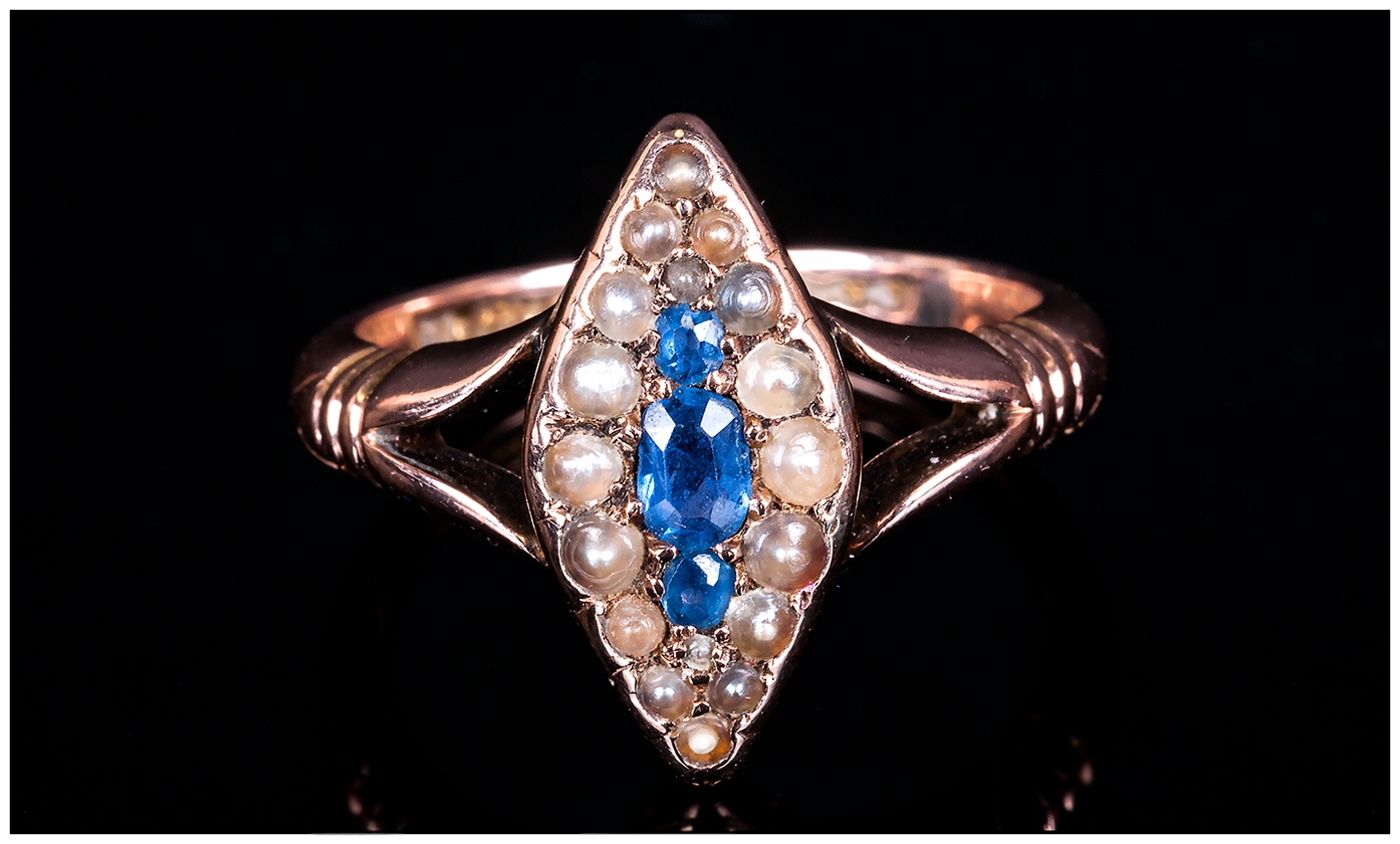 Antique 9ct Gold Set - Marquise Shaped Sapphire and Seed Pearl Ladies Ring. Fully Hallmarked. Ring - Image 4 of 4