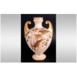 Royal Worcester Hand Painted Blush Ivory Two Handle Vase. c.1890. Shape Num.1076. Height 9.5 Inches.