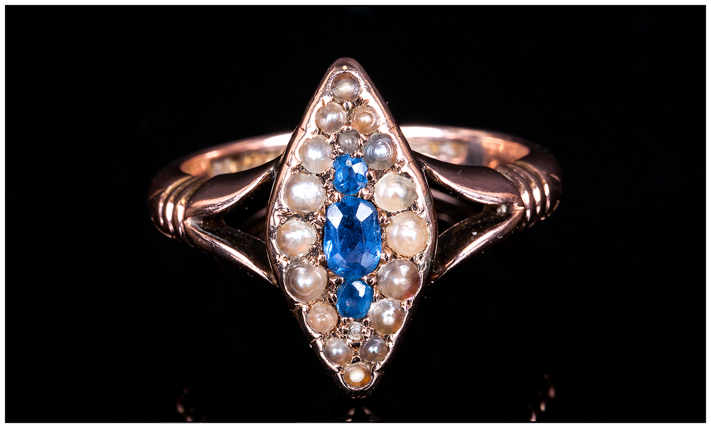 Antique 9ct Gold Set - Marquise Shaped Sapphire and Seed Pearl Ladies Ring. Fully Hallmarked. Ring - Image 2 of 4