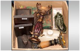 Box Of Misc Pottery And Collectables, Water Bottle, Bookends, Painted Miniature Chest etc