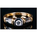 18ct Gold Two Tone Diamond Ring Set With A Central Round Modern Brilliant Cut Diamond, Between