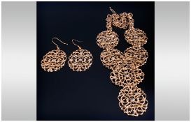 Openwork Panel Statement Necklace and Earrings, the necklace comprising five of the oval, openwork