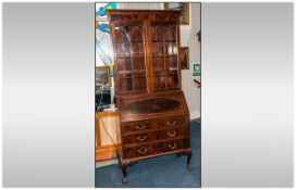 Edwardian Mahogany Bureau Bookcase, In The Chippendale Style, with Astral Glazed Door Top, Fall