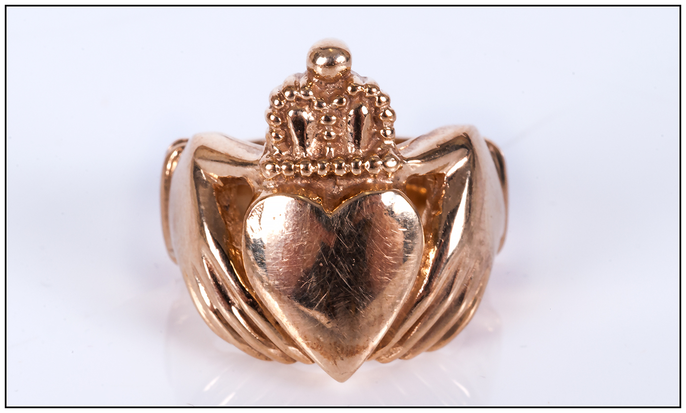 An Interesting Heavy Gents 9ct Gold Ring, It Features a Heart Shaped Shield with Crown Above Being