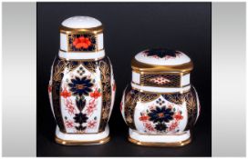 Royal Crown Derby Old Imari Patterned Pepper Pot and Lidded Mustard Pot. Pattern Num. 1128. Date