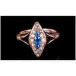 Antique 9ct Gold Set - Marquise Shaped Sapphire and Seed Pearl Ladies Ring. Fully Hallmarked. Ring