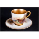 Royal Worcester Handpainted Cup & Saucer Highland Cattle, Signed James Stinton, Date 1914. Cup 2''